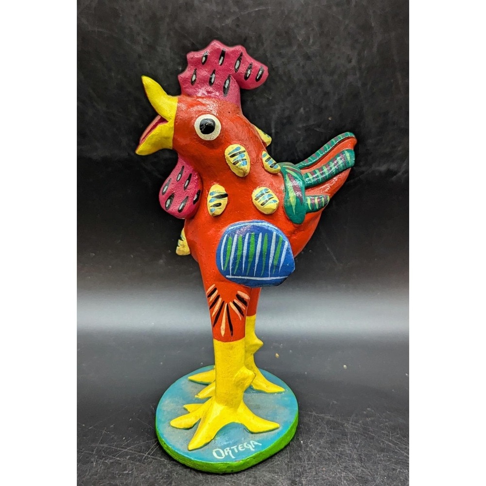 Vintage Colorful Rooster Handmade Mexico Folk Art Figurine Signed Ortega 7"